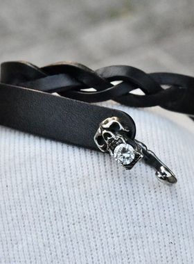 泰国进口925纯银镶钻骷髅头钩状搭扣纯牛皮双层男女哥特朋克手环