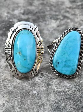 进口天然美国高瓷绿松石大颗戒面925纯银手工包边男女款复古戒指