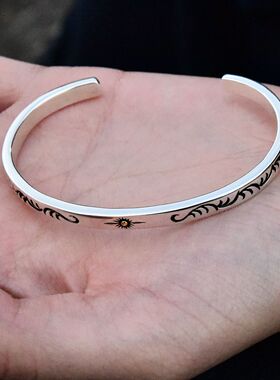 进口男女款925纯银复古花纹手镯