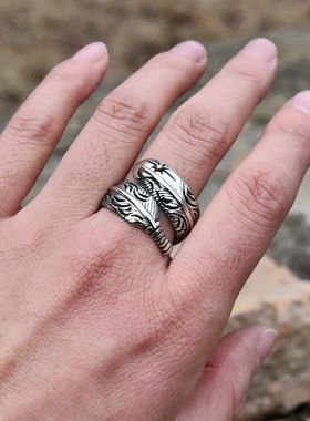 进口男士925纯银羽毛开口戒指