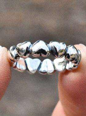 泰国进口女士ins复古做旧小爱心泰银戒925纯银心连心简约甜美指环