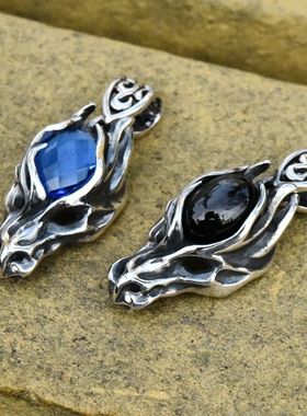 男女嘻哈潮款镶黑色星光石奥地利蓝水晶复古龙头925纯银项链吊坠