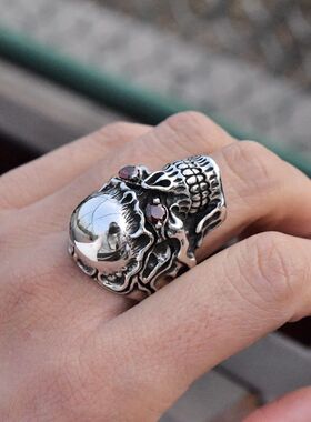 进口925纯银朋克骷髅头重工戒指
