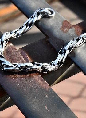 清迈手工男士复古挂钩朋克款编织椭圆环泰银手链925纯银大码手环