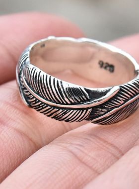 进口男女款925纯银复古羽毛戒指