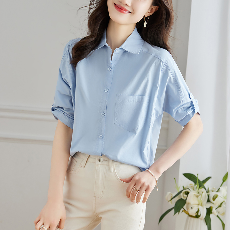 蓝色纯棉衬衫女五分袖2023夏新款韩版宽松上衣，女装衬衫，可风各