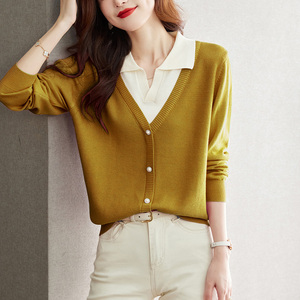 秋季新款假兩件寬松針織衫內(nèi)搭外穿顯瘦打底衫圖片