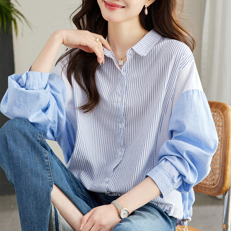 春秋新款蓝色条纹拼接设计感全棉衬衫女长袖韩宽松休闲衬衣上衣女，女装衬衫，可风各