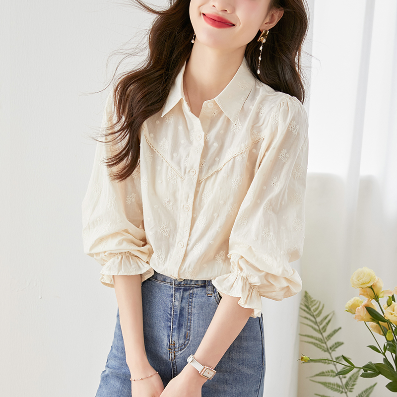 纯棉衬衣女春秋款外穿长袖衬衫女刺绣2025新款洋气减龄显瘦上衣女，女装衬衫，可风各