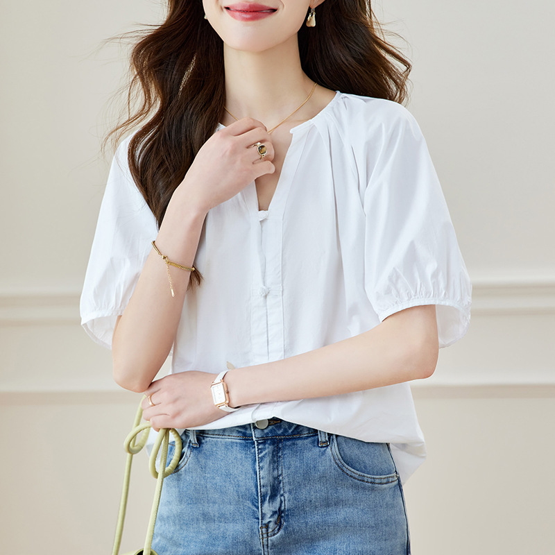 时尚百搭圆领短袖衬衫女夏季新款宽松显瘦上衣，女装衬衫，可风各