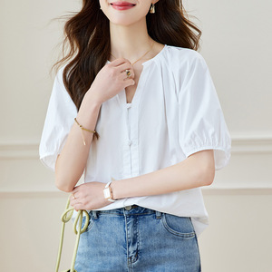 时尚百搭圆领短袖衬衫女夏季新款宽松显瘦上衣，女装衬衫，可风各