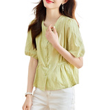 时尚V领短袖衬衫女夏季新款修身显瘦百搭上衣，女装衬衫，可风各