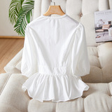 甜美V领五分袖衬衫女宽松显瘦百搭上衣，女装衬衫，可风各