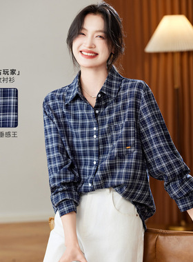 可风各条纹衬衫59088P94K105.4复古格纹翻领衬衫女