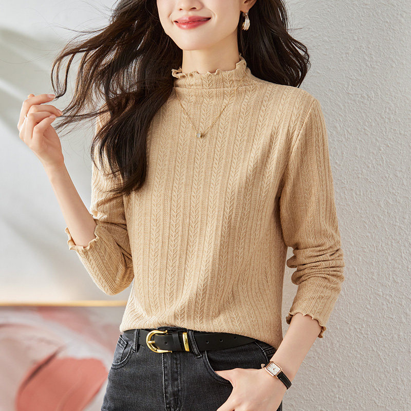 半高领针织衫女秋季复古保暖内搭修身显瘦长袖上衣,女装T恤,可风各