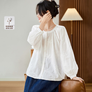 可风各长袖衬衫52181P73K116.8纯棉刺绣上衣宽松休闲衬衣，女装衬衫，可风各