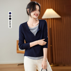 可风各针织衫59044P75K120拼接设计感假两件针织衫，女装T恤，可风各