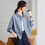 可风各长袖衬衫58065P89K124.4蓝色格子衬衫女长袖，女装衬衫，可风各