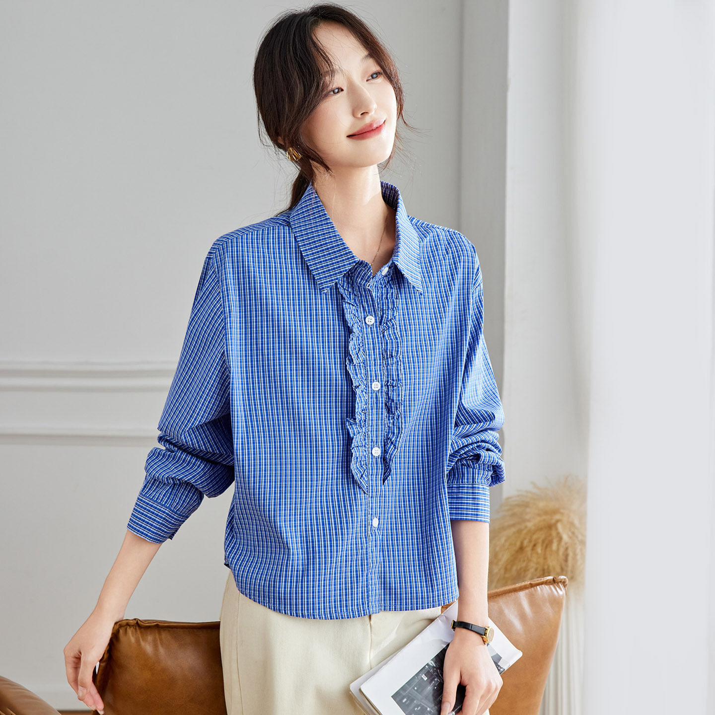 蓝格长袖衬衫女装2025早秋新款轻奢高级感H版衬衣女通勤上衣,女装衬衫,可风各
