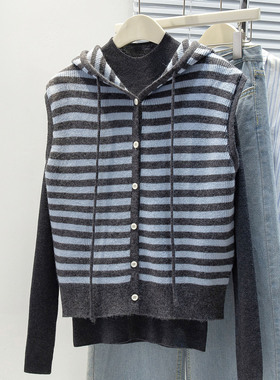 可风各针织马甲510028P65K104连帽V领系扣马夹