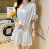 时尚宽松显瘦白色连衣裙女夏季新款韩版气质百搭抽绳收腰短袖裙子，女装连衣裙，可风各