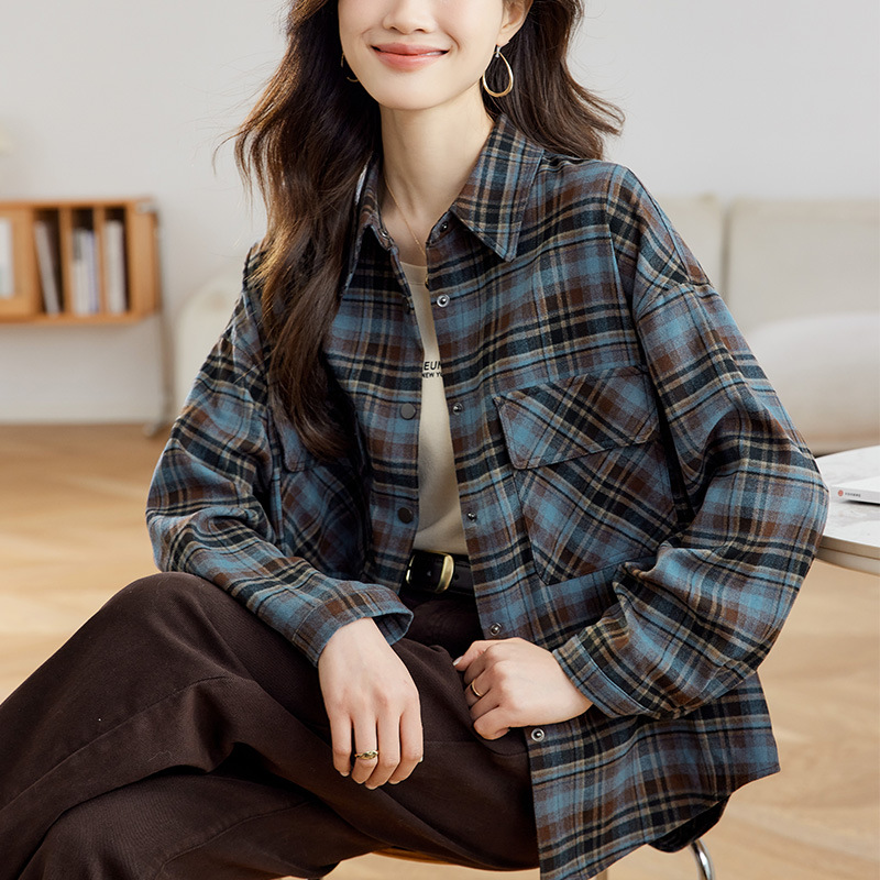 格子外套女春秋2025春季新款潮宽松显瘦百搭衬衫风衣休闲叠穿上衣，女装衬衫，可风各