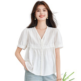 可风各短袖衬衫55023P72K115.2法式V领领泡泡袖短袖衬衫女，女装衬衫，可风各
