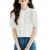 甜美花边领短袖衬衫女夏季新款韩版修身显瘦百搭上衣，女装衬衫，可风各