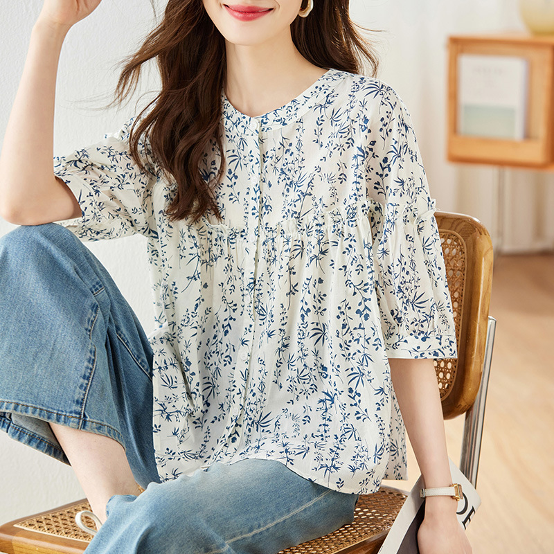 新中式风印花宽松显瘦衬衫，女装衬衫，可风各