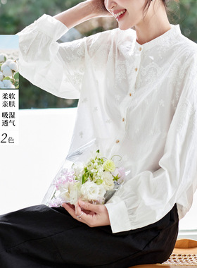 可风各长袖衬衫512078P79K158国风绣花白衬衫女长袖