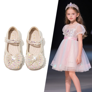 春秋儿童闪亮晶晶配礼服小皮鞋 2025新款 艾莎公主水晶鞋 真皮女童鞋