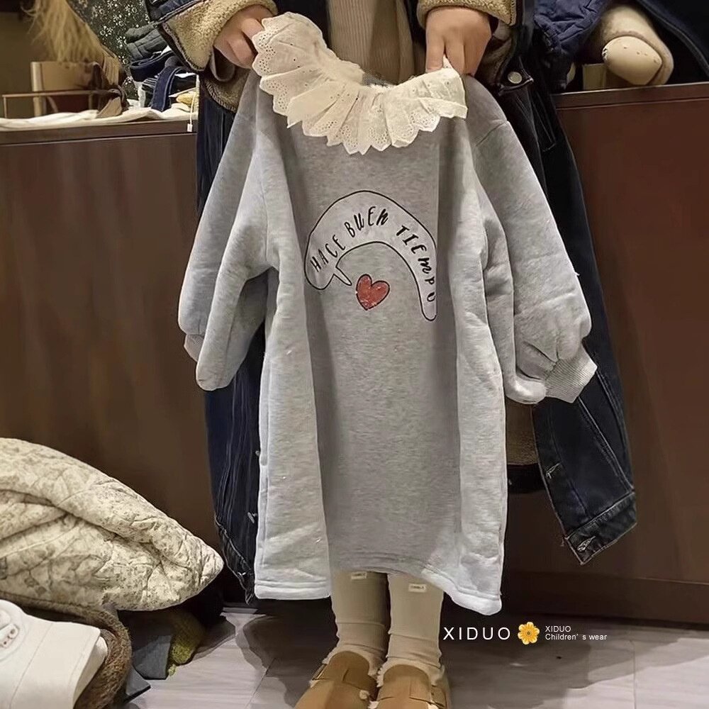 女童冬装连衣裙宝宝洋气儿童个性潮牌韩版花边领加厚一体绒卫