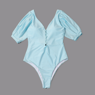 时尚 海边泳装 纯欲泳衣 女款 8818外贸女连体泳衣蓝色v领防晒泡泡袖