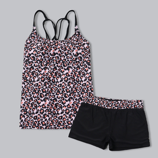 8818外贸大码女士分体泳衣遮肉显瘦豹纹平角泳衣套装保守时尚泳装