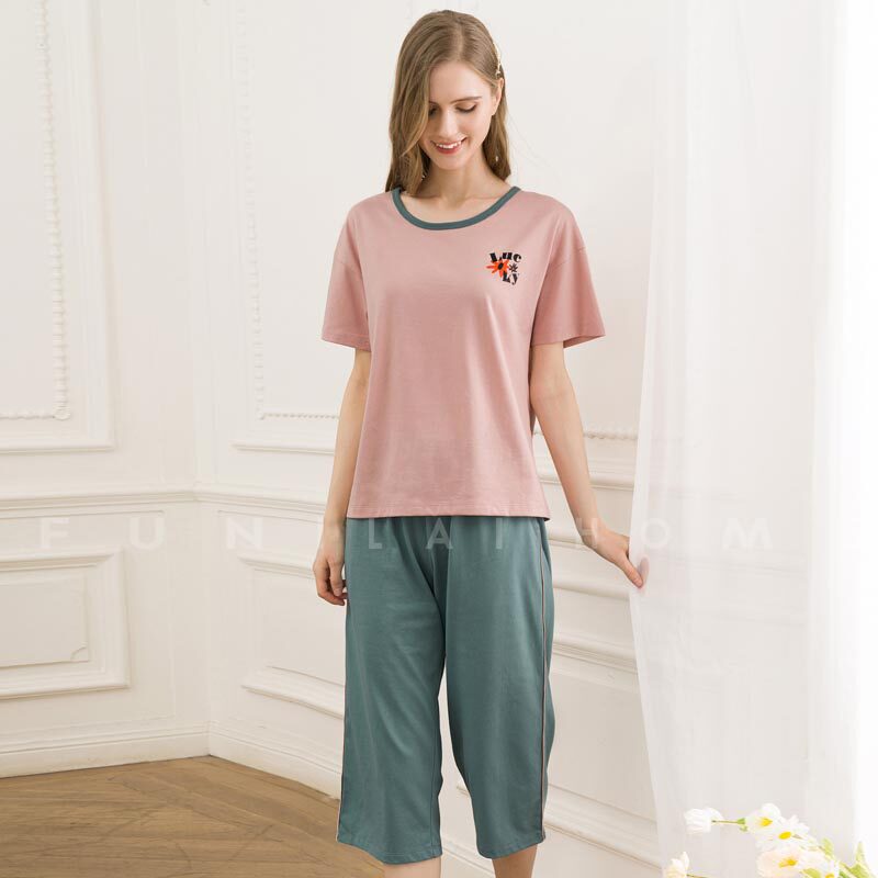 富妮来2025春夏女纯棉套头短袖简约薄款圆领家居服睡衣F-A6861
