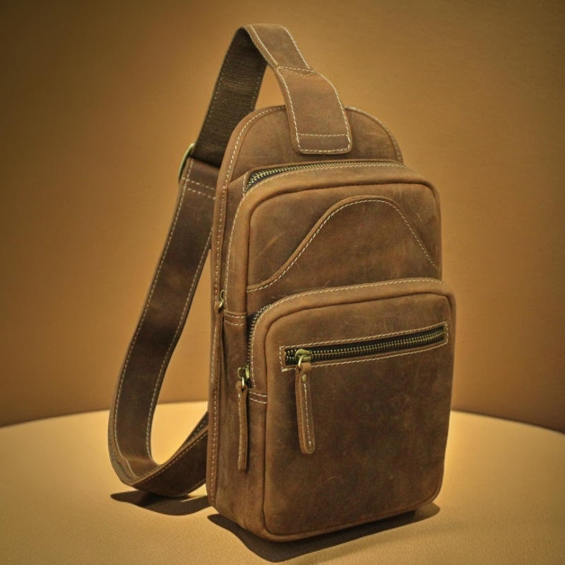 2025新款男士胸包疯马皮真皮斜挎包头层牛皮百搭背包单肩包手工包