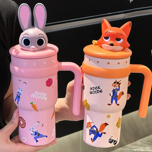 迪士尼朱迪尼克保温杯女士高颜值带吸管冰霸杯大容量男女学生水壶