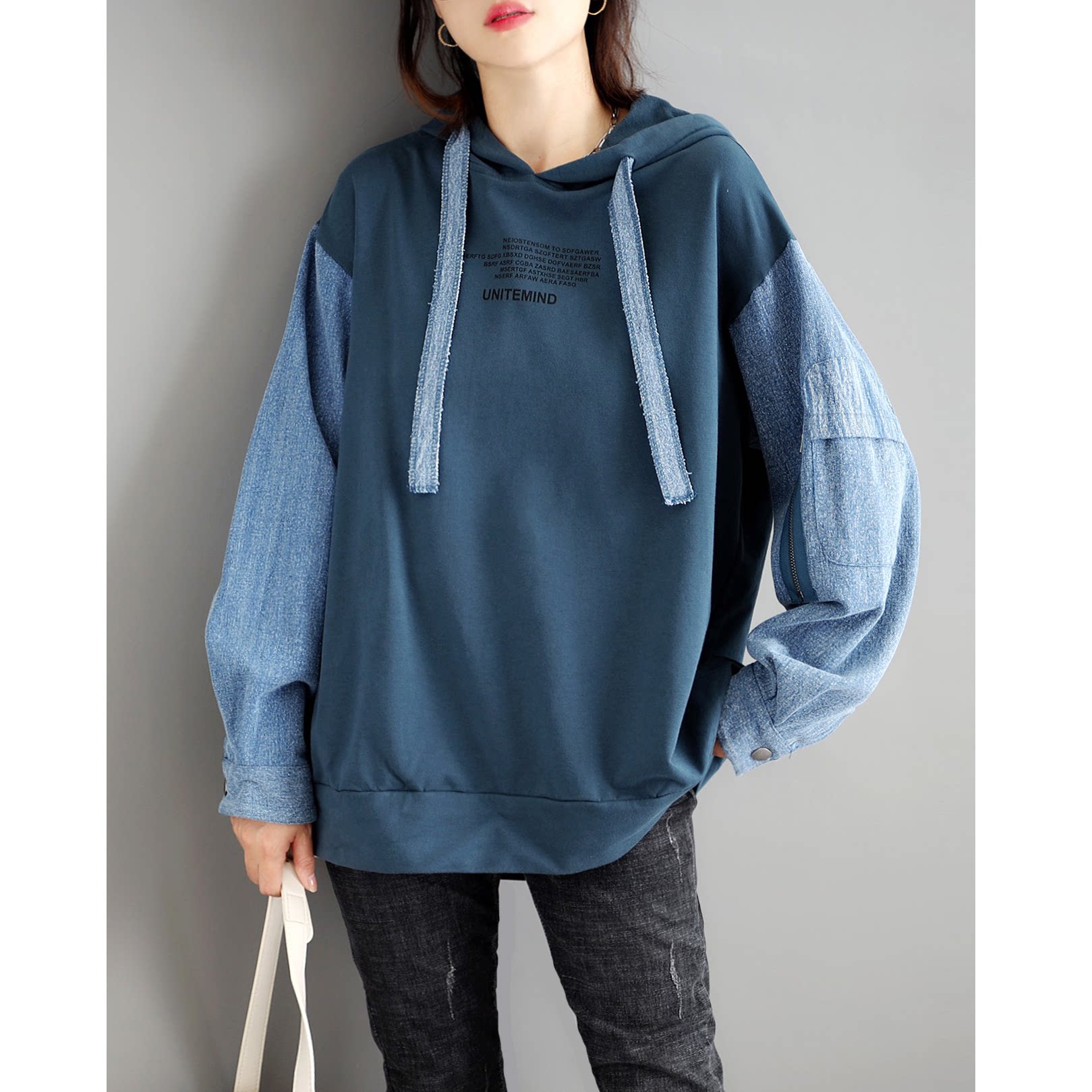 拼接牛仔韩版连帽宽松韩版简约休闲套头百搭卫衣女上衣大码