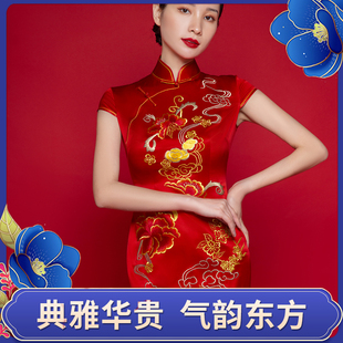 新款结婚旗袍定制真丝礼服红色长款敬酒中式回门婚宴龙凤刺绣新娘