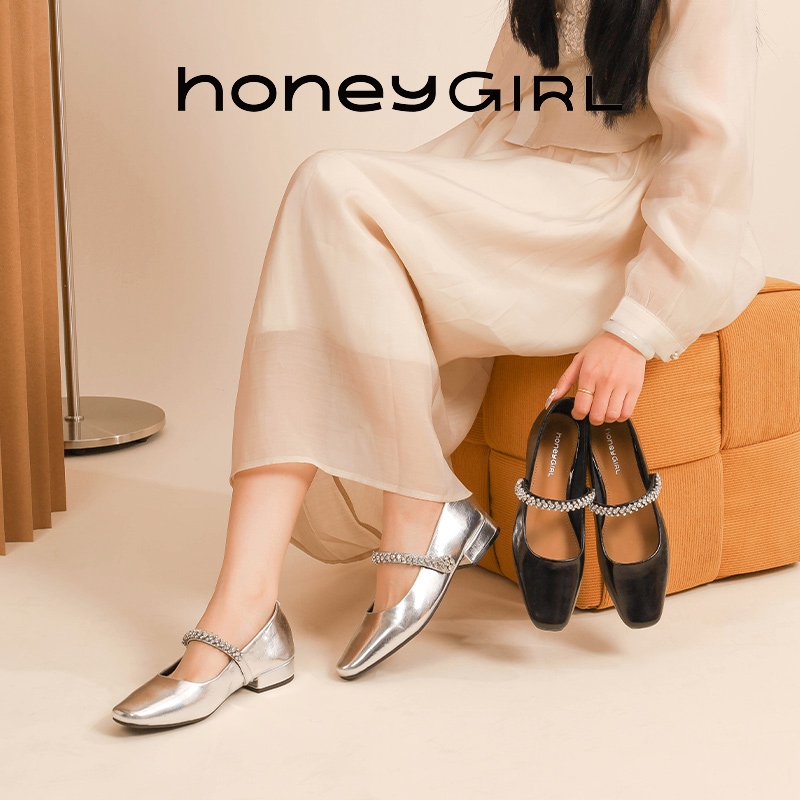 honeyGIRL复古浅口玛丽珍鞋春季2025新款女鞋方头一脚蹬水钻单鞋