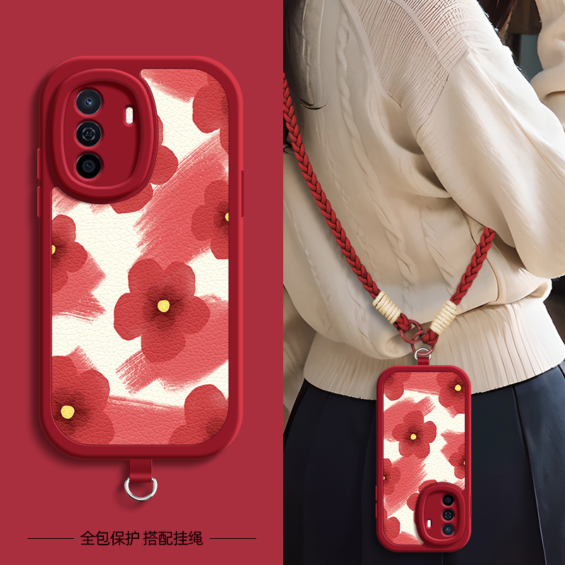 红色花适用华为畅享70s手机壳带挂绳畅享70/60/50/20新款60x保护套20plus硅胶外壳畅想Z镜头全包防摔20E