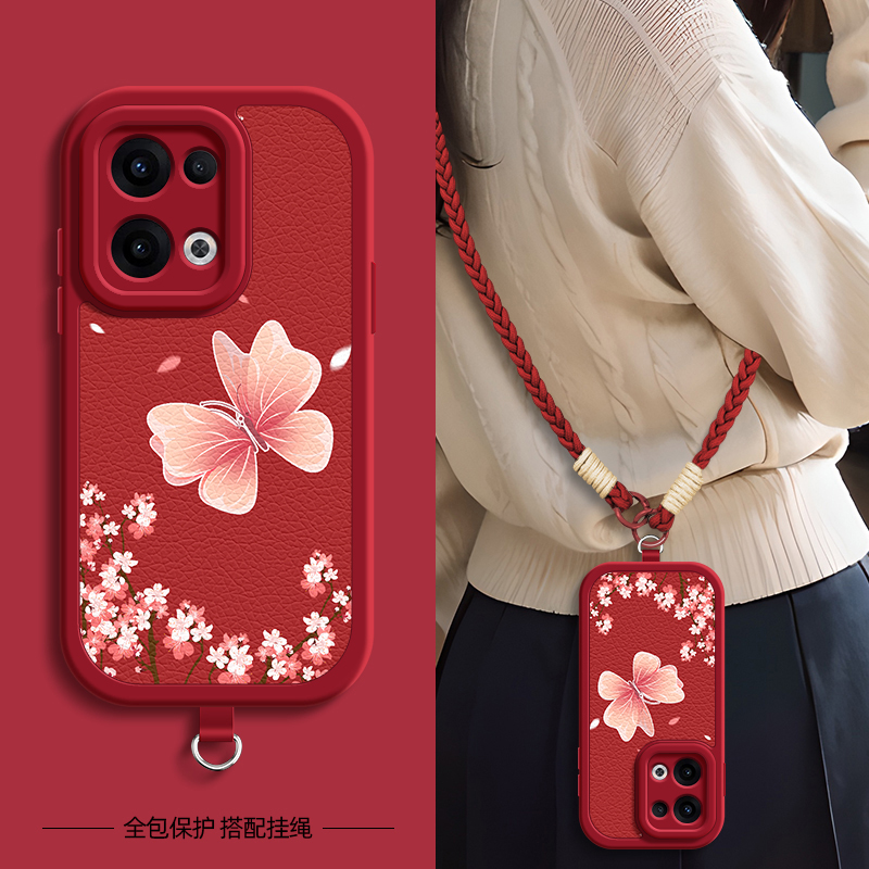 适用OPPOReno14pro手机壳蝴蝶花Reno13/12/11/10/9/8/7/6/5/4/3带挂绳reno10pro+女5k十se保护套OPPO新款