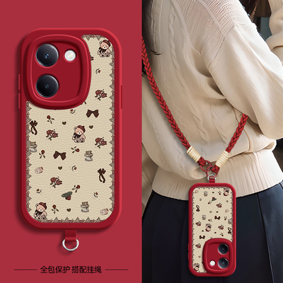 适用vivoy500手机壳玫瑰小熊y300pro/y200/y100带挂绳y78+保护套y3s/100i/200GT女y70/70t/51s/32/10/55s/76s