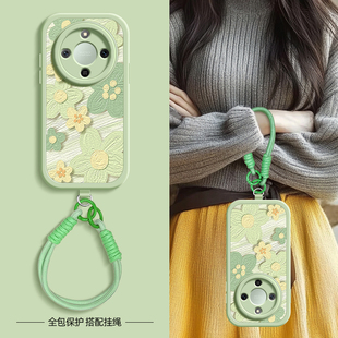 绿机理花适用荣耀x70手机壳新款荣耀x70斜挎挂绳小羊皮硅胶软壳honor镜头全包防摔保护套女款背带外壳