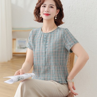 母亲节中年夏装 纯棉短袖 上衣老年人女圆领衣服经典 格子棉T恤套装