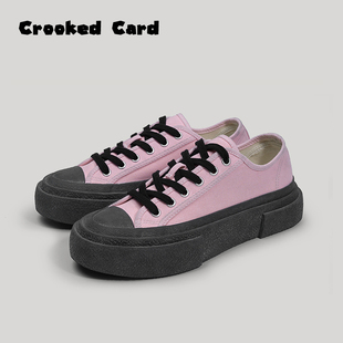 水洗做旧小黑粉blackpink厚底帆布鞋 CROOKED CARD歪牌设计师新品
