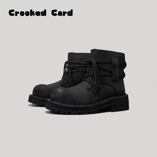 黑武士 全皮 骑士靴 CROOKED 切尔西中筒靴 25S 复古 短靴 CARD