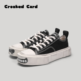 潮 厚底板鞋 Crooked Card歪牌设计师原创设计方头开口笑溶解帆布鞋