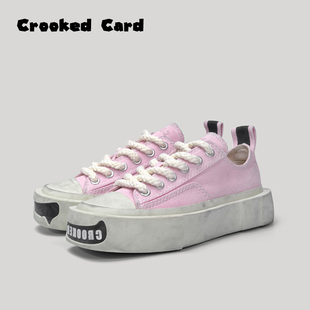 少女心爆棚休闲板鞋 歪牌设计师粉色厚底方头帆布鞋 CARD CROOKED