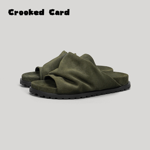 夏外穿男士 女2025新款 Card歪牌设计师真皮厚底勃肯凉拖鞋 Crooked